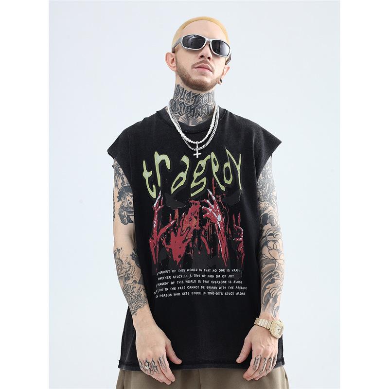 メンズ タンクトップ 無袖 Tシャツ 綿 素材 黒 水洗加工 ヴィンテージ風 グラデーション プリント ルーズフィット 中長丈 丸首 日韓カジュアル 原宿スタイル 夏 シーズン ストリートファッション コットン95%以上 砂洗い加工 レトロ インディゴ