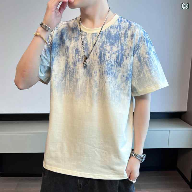 メンズ Tシャツ 短袖 半袖 トップス 男性用 純棉 綿 素材 100% 丸首 丸襟 ゆったり ルーズ ビッグシルエット 薄手 軽量 透気 吸湿 通気性 グラデーション 柄 切り替え ピンストライプ 港風 スタイル カジュアル 普段使い 学生 青春 ポッ