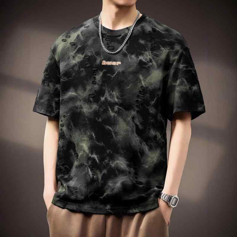 メンズ Tシャツ 破れ柄 レトロ 短袖 夏用 綿 ポリエステル 混紡 透気性 ゆったり 半袖 トップス 円領 セットアップなし 都市スタイル 青年向け クリエイティブ プリント 夢幻 黒 白 250g-300g 重量 日常 外出 カジュアル ファッション
