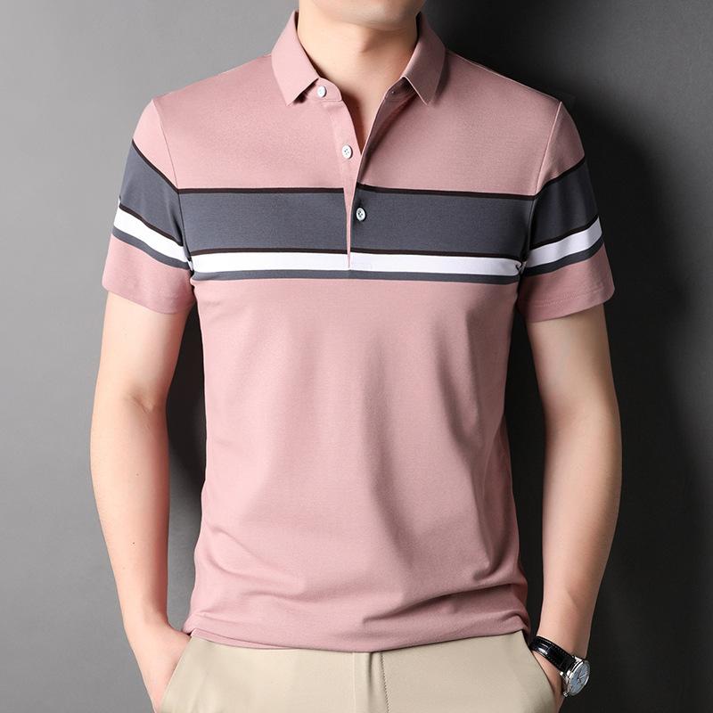 メンズ Tシャツ 中年 軽熟 休? ストライプ 翻領 短袖 コットン 直筒 POLO ピンク ライトブルー ダークグリーン 薄手 吸湿排汗 セットアップ トップス 綿混紡 幾何学柄 色織 袖口 ピンク色 ライトブルー色 ダークグリーン色