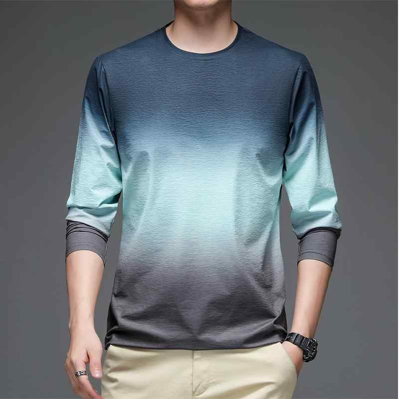 メンズ Tシャツ 長袖 春夏 接触冷感 ポリエステル 白 灰 黒 緑 透気性 弾力 薄型 ゆったり ビジネス 純色 セットアップ ラウンドネック 速乾 免アイロン 加工 明線 ステッチ 青年 24-35歳 都市 ファッション セット 頭 袖 通常 無フー
