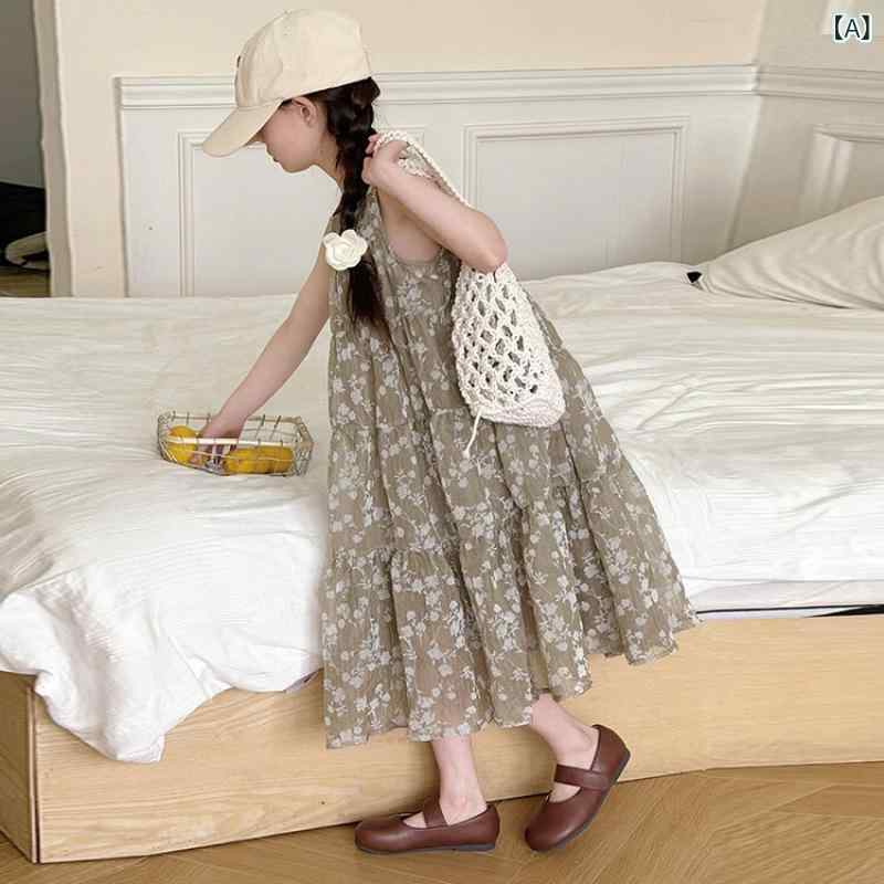 女の子 ワンピース 夏 碎花 プリンセス ガウン 薄手 背心 スカート 大童 韓版 洋気 泡泡? スカート 柔らかい 生地 切り替え スカート ガネット 要素 グレー プリント 女児 ドレス ガールズ フレア スカート ライト ウェイト プリント ガウン