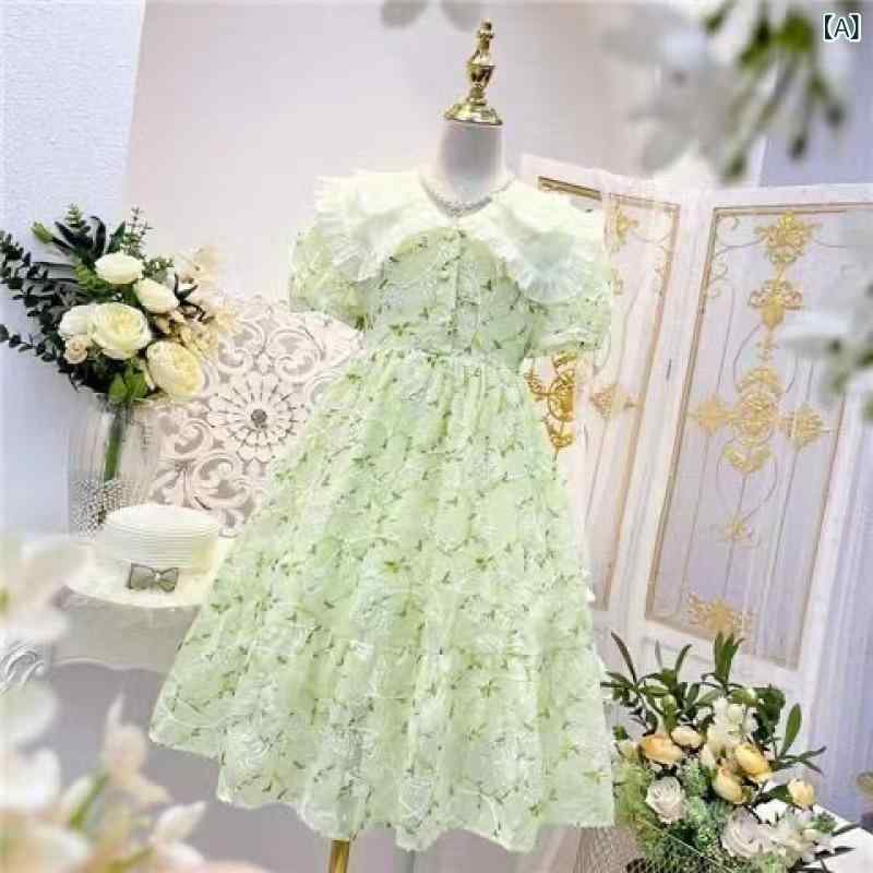 女の子 ワンピース 夏 春夏 緑 雪絨 長丈 プリンセス フレア フレッシュ 花柄 刺繍 綿 ポリエステル 涼しい 軽量 かわいい ガーリー 日常使い 学校 ピクニック 8歳以上 140cm以上
