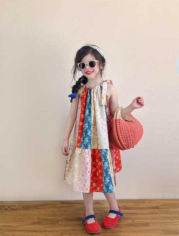 女の子 ワンピース 夏 ボヘミアン風 プリント かわいい ハングネック ロング キャミソール ビーチ スカート コットン 100% 柔らかい プリンセス スカート 吊り下げ スタイル 3-8歳 90-140cm 女童 中小童 吊帯 背心 連衣 沙灘 碎花