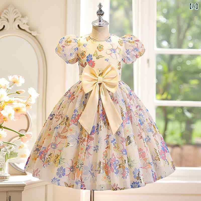 女の子 ワンピース プリンセススカート 泡泡袖 かわいい 花柄 夏用 綿混紡 短袖 蝶結び ブルー ピンク 紫 オレンジ 香? 春秋夏冬対応 120cm 130cm 140cm 150cm 160cm 中大童