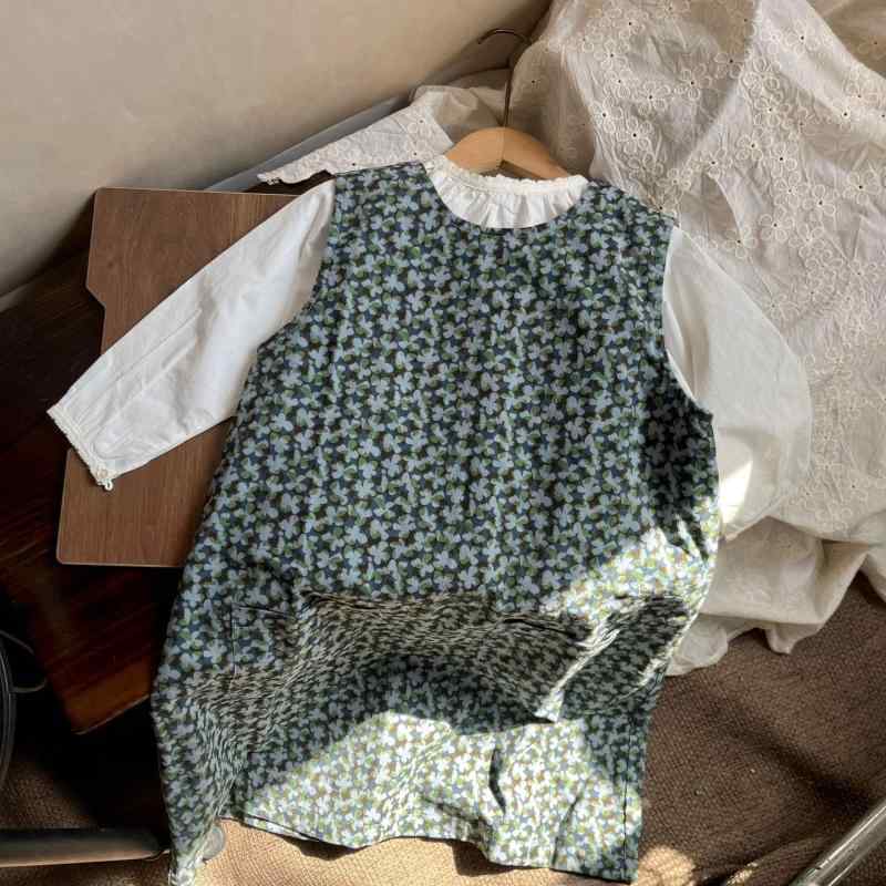 女の子 ワンピース 背心 吊帯 スカート 春夏 フレッシュフラワー柄 プリント 純棉 柔らかい Aライン 無袖 ブルー ホワイト 子供服 3-8歳 100-140cm 日常使い 軽やか かわいい ガーリー コットン95% 春秋夏 キャミワンピース 花柄ド