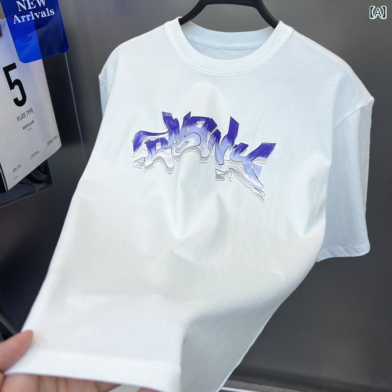 メンズ Tシャツ トップス 短袖 ラウンドネック 落肩袖 ゆったり グラデーション アルファベット プリント コットン 混紡 耐摩耗 ストリート カジュアル 日常使い オールシーズン 青 白