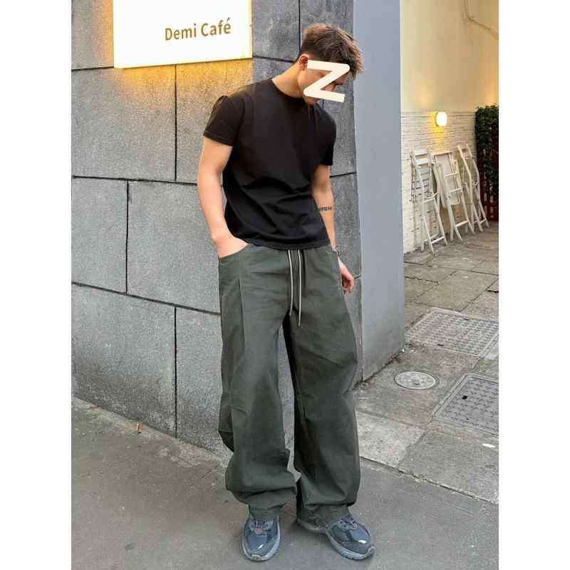 カーゴパンツ メンズ 軍緑 黒 夏用 薄手 ナイロン 速乾 水洗綿 耐磨 微弾性 ミリタリー 工装 復古 ワイドレッグ ストレート ミッドライズ ボタン 日常 青年 長ズボン カジュアル 軽量 通勤 普段使い アウトドア