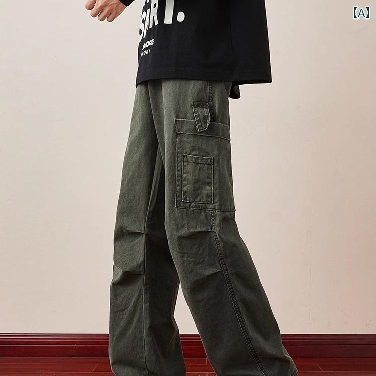 メンズ 工装パンツ 軍緑 秋冬 直筒 ワイドレッグ 傘兵 降落? スタイル 多ポケット ゆったり ロングパンツ ミリタリー デイリー 使い コットン 風 ミックス 素材 ストレッチ 性 あり 免アイロン 加工 日常 着こなし 適合 青少年 向け 基本 デ