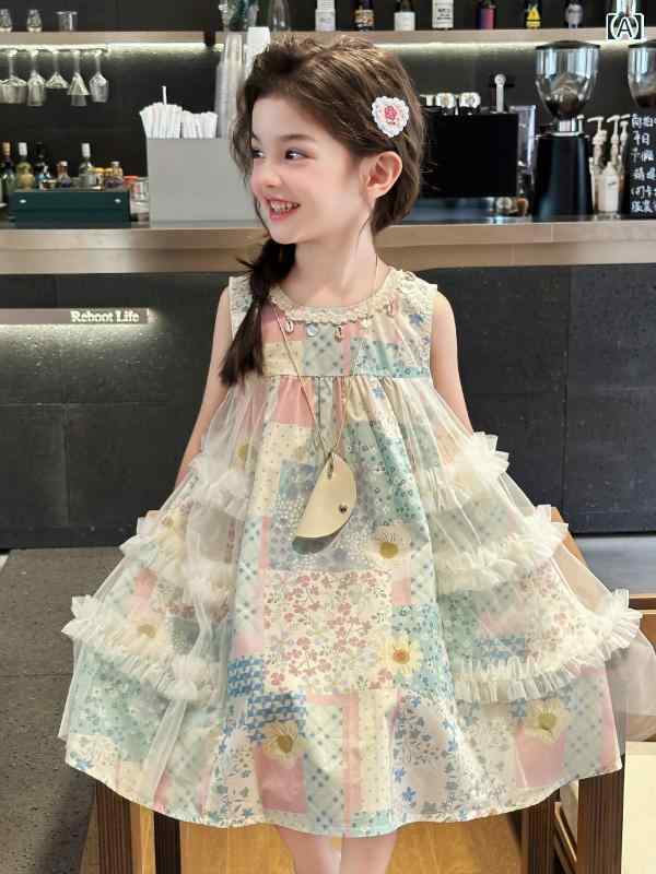 女の子 ワンピース ノースリーブ 背心 スカート 春夏 2026 夏 新款 田園風 連衣裙 四季 春 碎花 沙? 度假風 裙 甜美 化? 混紡 B類 聚? 繊維 ?? 80% 浙江 女 中大童 8歳以上 140cm以上 2025 夏季 現貨 花? 柔軟