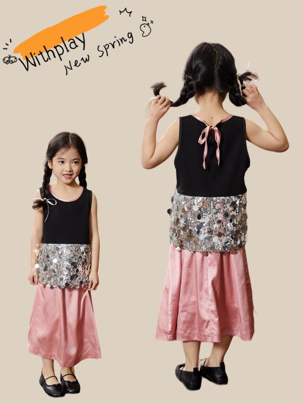 女の子 子供服 セットアップ 夏用 ワンピース スカート ピンク 綿混 柔らかい かわいい 撞色 無袖 トップス 長丈 3-8歳 90-140cm 純色 潮風 糖果カラー 親子コーデ 女童 財閥風 千金スタイル 亮片デザイン