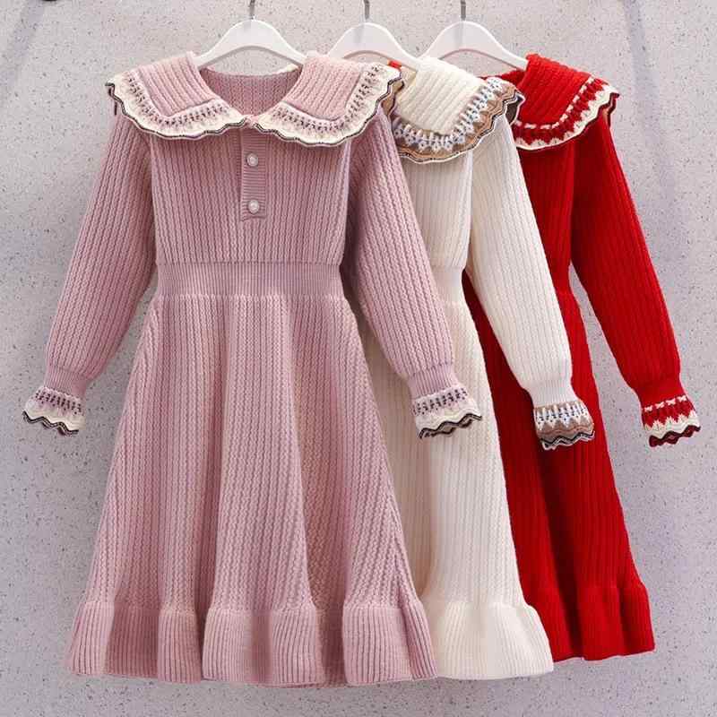 女の子 ワンピース ニット 長袖 セットアップ 秋冬 かわいい プリンセス スカート 蝶結び 切り替え デザイン 赤 ピンク アイボリー コットン混 ポリエステル 厚手 暖か コーデ 日常使い 学校 オシャレ