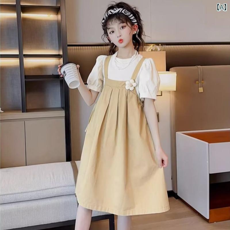 女の子 ワンピース 夏季 連衣裙 背?裙 2点セット かわいい プリンセス スカート 短袖 荷叶辺 綿 ポリエステル カード柄 カーキ 120cm 130cm 140cm 150cm 160cm 170cm 柔らかい 素材 女の子 普段使い 夏服 涼しい