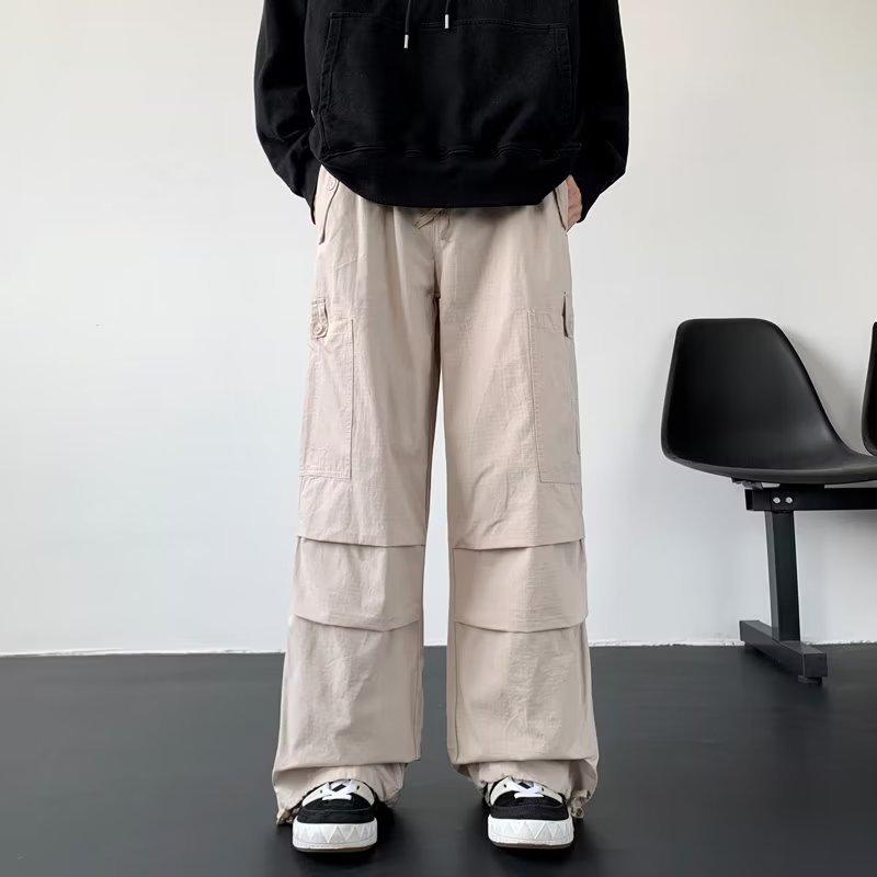 メンズ 工装パンツ ヴィンテージ風 春 直筒 高腰 薄手 竹繊維 再生繊維 ラビットファー 混合 高弾性 免・聞加工 グリーン ・柑其 ゆったり ロング丈 大ポケット プリーツ デザイン 休? ストリート ファッション ティーンエイジャー 向け 緑 色 ・柑其