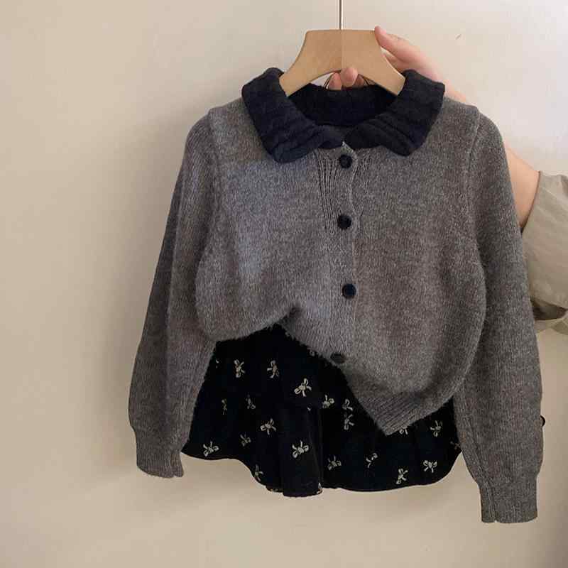 キッズ 女の子 ニット カーディガン スカート セット 秋冬 長袖 ピエス カラー 柔軟 加工 普通 厚さ 蝶結び 切り替え 針織 アクリアン 85パーセント 単排ボタン 90-150cm かわいい 韓国風 スタイル 日常使い 学校 イベント 冬 暖かみ