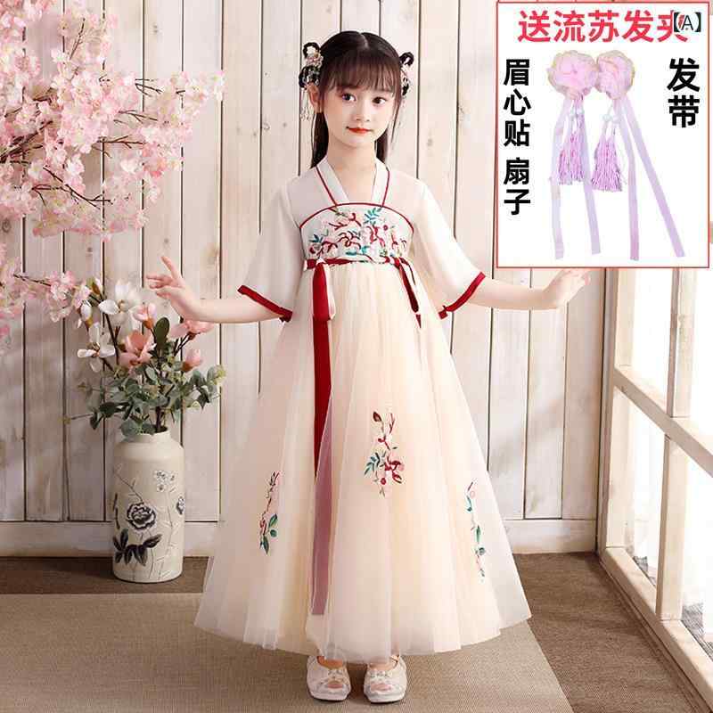 女の子 ワンピース 夏 チャイナドレス 子供服 漢服風 プリンセス ドレス スカート 女児 短袖 雪? 生地 薄手 柔らかい 素材 ポリエステル 繊維 印花 柄 プリント 網? レース シフォン 風 中国風 スタイル 洋気 かわいい 杏 粉 色 調 夏服