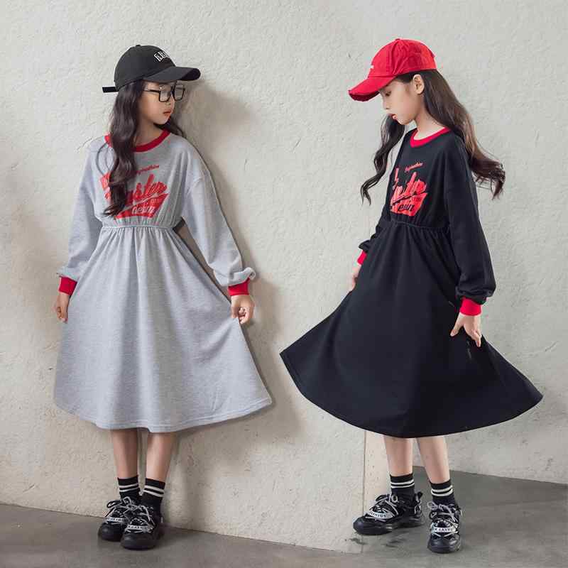 女の子 ワンピース 秋 秋季 コットン 長袖 インナー コットン 切り替え フリル スカート プリント ロゴ 柄 ゆったり シルエット 銀 黒 親子 コーディネート 子供 服 ガールズ トップス ドレス スカート スタイル プリント 柄 コットン 素材