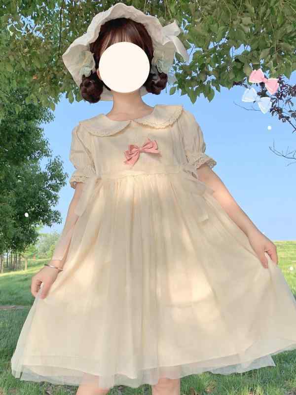 ワンピース かわいい 法式 プリンセス 女 レディース 短袖 荷葉辺 スカート 短い スカート型 プリンセス 袖 短袖 高腰 セット 頭から被る 首元 ドール 襟 スタイル フレッシュ スイート かわいい風 花柄 植物 プリント 蝶結び 荷葉辺 レース