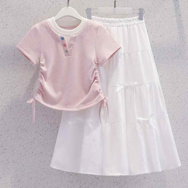 女の子 ワンピース セット 夏 短袖 Tシャツ 半身スカート ピンク ブルー イエロー 純色 切り替え 涼しい 軽量 ポリエステル 100% 女児 洋服 コーディネート かわいい スタイル トップス ボトムス 子ども服 夏服 ファッション セットアップ