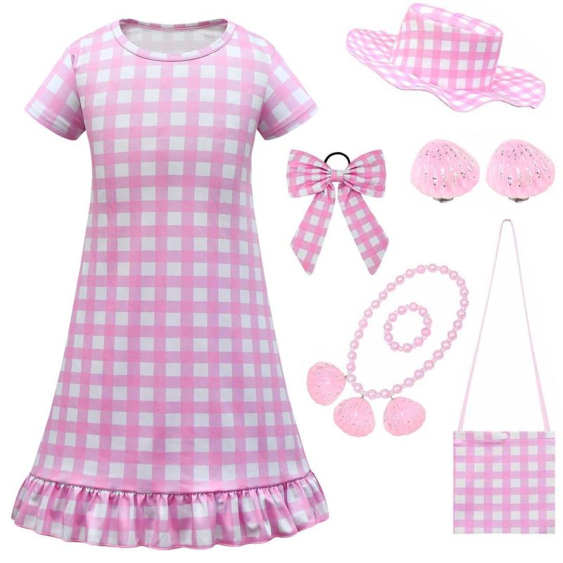 女の子 ワンピース ドレス 子供服 短袖 スカート フリル ヘム 夏 春夏 コットン 裏地 綿素材 60% 醋酸繊維 65% 再生繊維 ミルクシルク 風 接触冷感 生地 カード プリント 柄 欧米 スタイル コスプレ バービー ドール 風 3-8歳 10