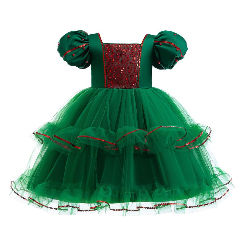 女の子 ワンピース ドレス プリンセス 礼服 連衣裙 ネットヤーン ビーズ ランタンスリーブ ダブルレイヤー 蝶結び ヨーロッパスタイル 綿混紡 ポリエステル コットン 皺加工 コーティング 剪毛 酵素洗い グリーン