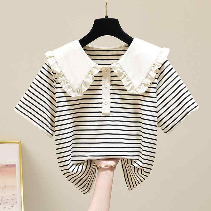 女の子 Tシャツ 短袖 トップス キッズ 春夏 春 シーズン ドルマンスリーブ 丸首 ストライプ柄 白色 杏色 幅広 ゆったり シルエット 綿素材 涼しい 通気性 良い 日常使い 学校着 遊び着