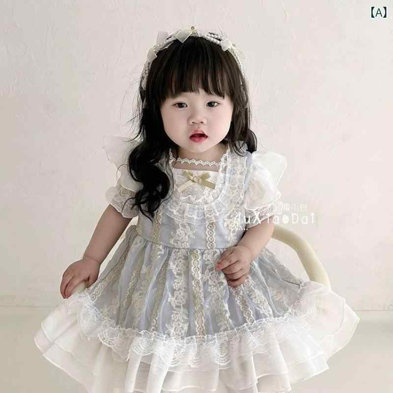 女の子 ワンピース ロリータ ドレス 綿 レース 甘め 短袖 淡いアイスブルー 荷葉辺スカート 春夏 夏 かわいい 子供服 8歳以上 通学 普段使い 軽量 通気性 ビッグシルエット 女の子服 幼児 綿素材 爽やか フレアスカート プリンセス風 子供ドレス