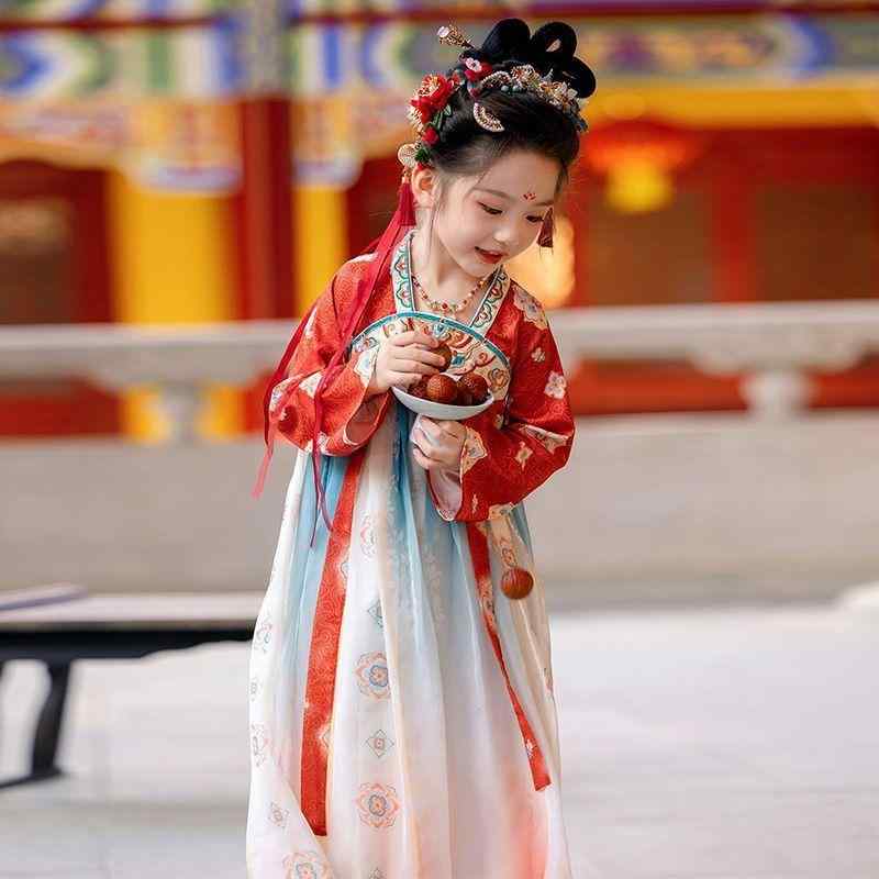 女の子 漢服 ワンピース 春夏 宝藍 ピンク 雪? 超薄 芳? 切り替え 花柄 中式 古風 国風 柔軟素材 軽量 民族衣装 子供 女児 3-8歳 夏 秋 表演 襦裙 チャイナドレス スタイル かわいい デザイン 日常 イベント