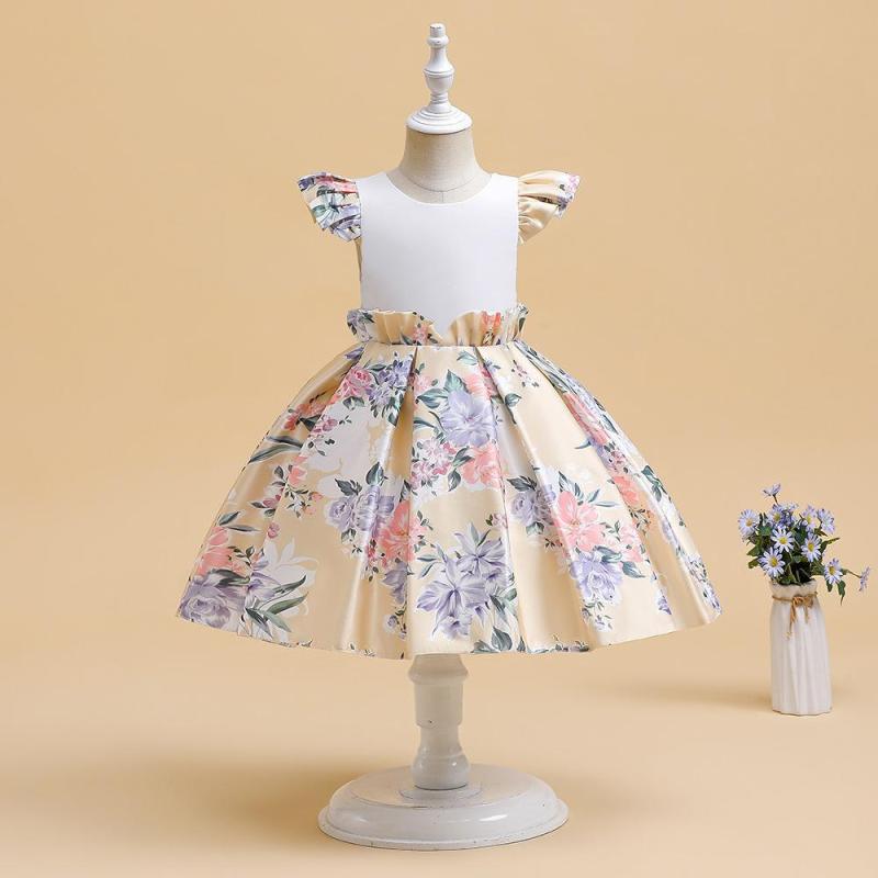 キッズ ワンピース 女の子 礼服 プリンセスドレス ピンク 切り替え プリント フレアスリーブ コットン混紡 綿 ライニング 酵素洗い かわいい 舞台 パーティー 誕生日 演出 3-8歳 100-140cm 春秋 夏 冬 オールシーズン プリンセス スタ
