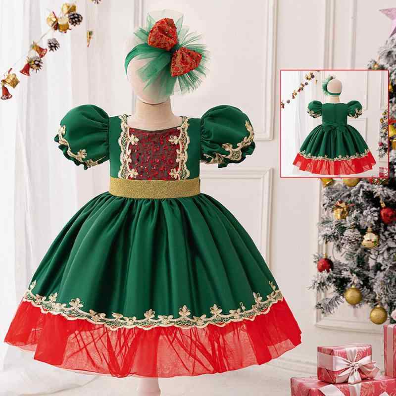女の子 ワンピース ドレス クリスマス プリンセス スカート 墨緑 チュール コットン混紡 ポリエステル 綿 プリーツ加工 コート加工 剪毛加工 酵素洗い ヨーロッパスタイル 春秋 夏 冬 春 秋 オールシーズン 3-8歳 100-140cm 礼服 キッ