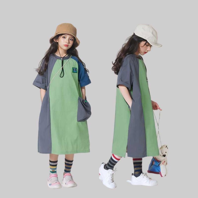 女の子 ワンピース 夏 連衣裙 かわいい 公主風 A字スカート 短袖 綿素材 柔軟 切り替え カラーブロック 大ポケット 個性 時尚 休? ?外 山系 110-170cm 対応