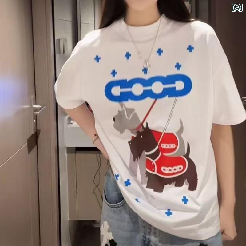 Tシャツ メンズ 短袖 ペット柄 情? ワイドシルエット 白色 黒 綿混紡 麻 薄手 ラウンドネック セットインスリーブ プリント柄 日常 青春 流行 青少年 成人 オールシーズン 防水 軽量 通勤 普段使い