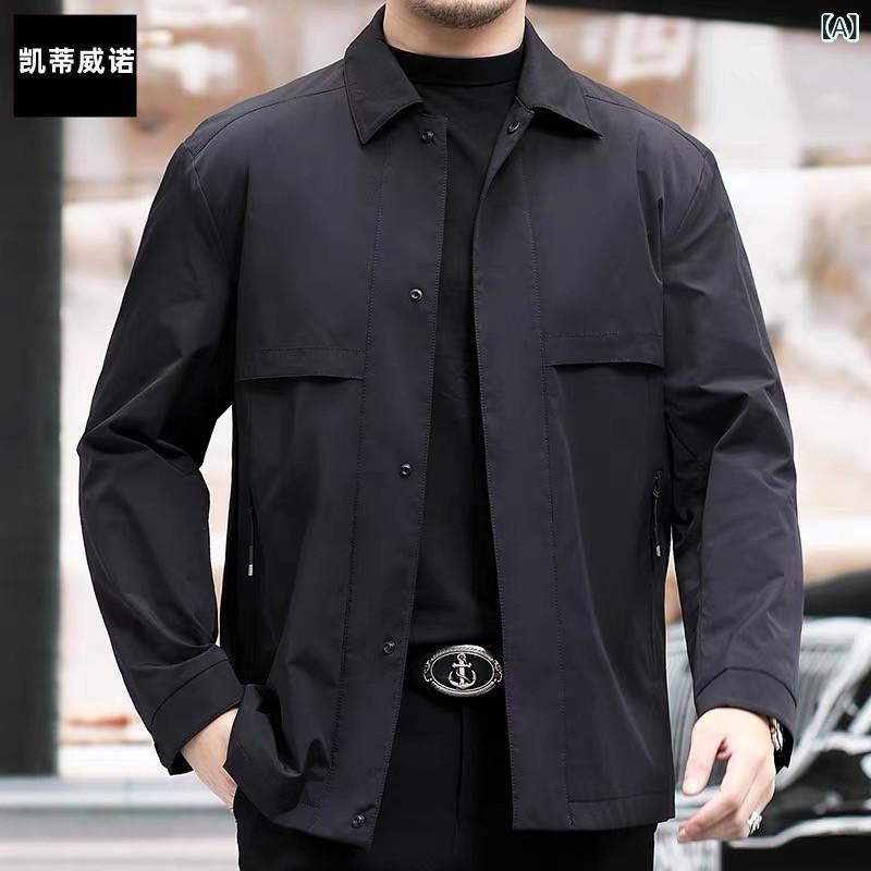 メンズ ジャケット 中年 男性用 ビジネス ビジネスカジュアル 父親 装い 外套 スタンドカラー 多ポケット ポリエステル 繊維 合体 スリムフィット シングルブレスト 長袖 純色 黒 ダークグリーン 秋 春秋 秋冬 免・聞 処理 丸底 サイドポケット 通