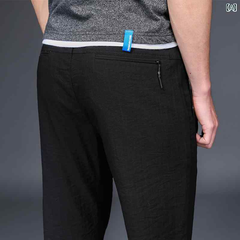 メンズ 運動パンツ 柔軟 素材 コットン 混紡 ナイロン ジャカード ニット加工 薄手 軽量 マイクロストレッチ 透気性 長ズボン ミッドライズ ドローストリング ウエスト ストレート レッグ サイドポケット 装飾 ブラック 浅カーキ 色 ゆったり フィ
