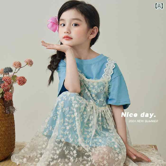 女の子 ワンピース セット 夏用 薄手 純色 レース 吊り紐 切り替え ショート丈 コットン風 涼しい かわいい 普段使い 遊園地 ピクニック 110-160cm 対応