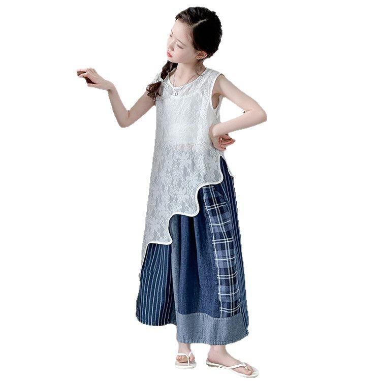 女の子 ワンピース 背心スカートセット 無袖 夏 子供服 中長丈 レイヤード レース 切り替え 純色 綿混紡 薄手 柔らかい かわいい 甘め 女児 8歳以上 140cm以上 夏服 レイヤリング 無袖ドレス レースディテール 軽やか 涼しい 日常使い 女の