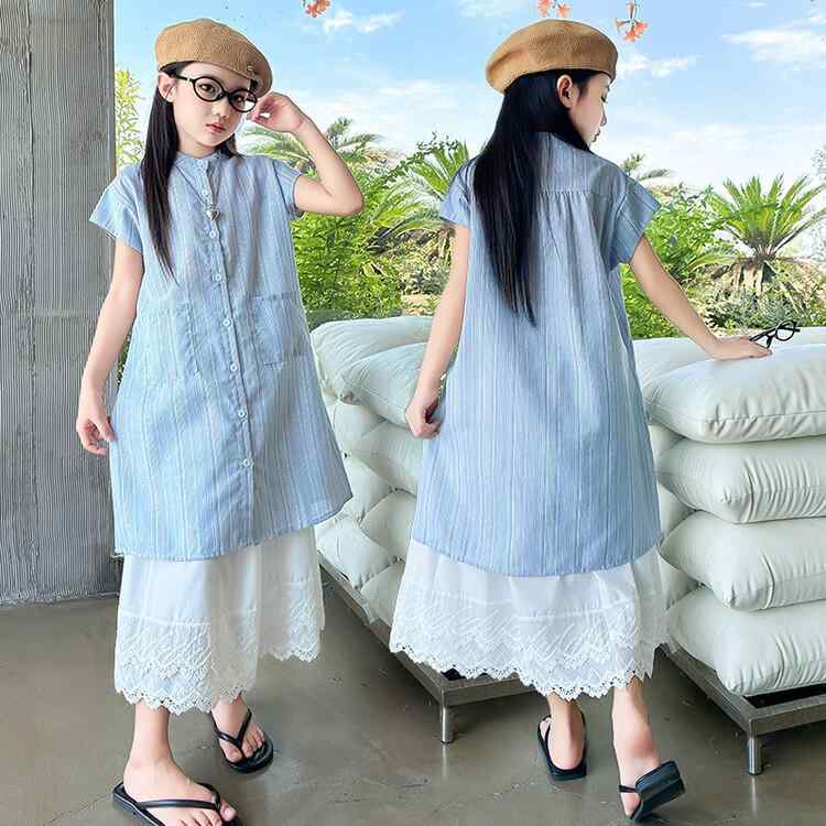 女の子 ワンピース セットアップ 夏服 薄手 花柄 レース 付属 ストライプ シャツ ロングスカート 綿混紡 柔らかい 素材 短袖 シングルボタン かわいい 韓風 スタイル 8歳以上 中大童 サイズ 120cm 130cm 140cm 150cm 160