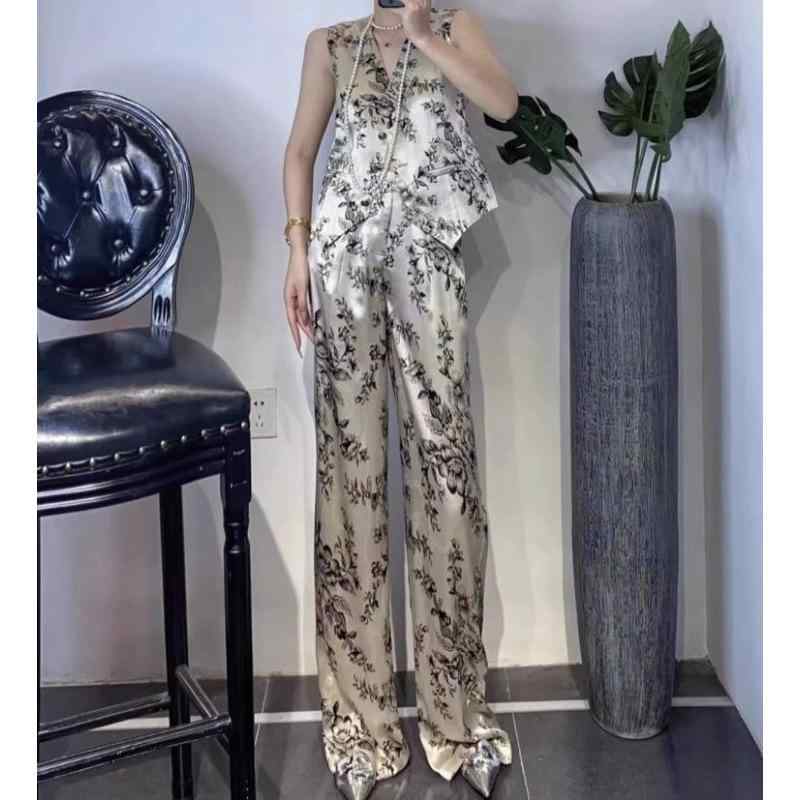 レディース セットアップ 馬甲 トップス 垂感 ワイドパンツ 花柄 プリント 職業 スタイル ポリエステル 混紡 素材 切り替え デザイン 気質 復古 風 セット 中性 風 レディース 服 組み合わせ 花色 柄 長袖 長ズボン 四季 通用 ?? 80-9