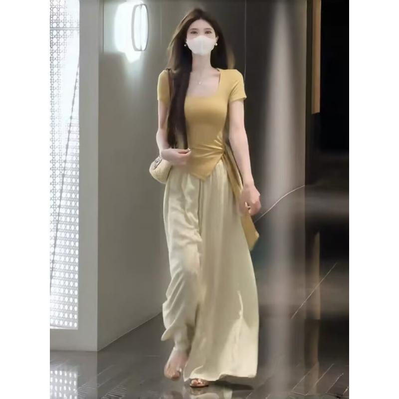 レディース セットアップ 夏 2025 夏服 不規則 タイ 結び 短袖 トップス 垂感 ワイド パンツ 2点 セット ?? ポリエステル 気質 通勤 スタイル 立体 装飾 切り替え ステッチ 3分袖 長め スカート セット 長さ 快適 ゆったり シルエッ 4,689円