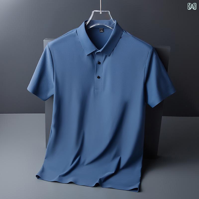 POLOシャツ メンズ 短袖 翻領 接触冷感 薄手 ノーアイロン 無痕 ビジネス トップス シャツ 体操服 上衣 透気 高弾性 色牢度 高い 基礎 デザイン ゆったり シルエット 無地 プリント 染め 加工 夏 シーズン ナイロン 素材 霧霧 黒 灰 色