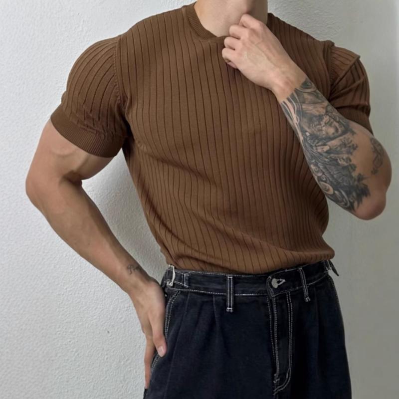 メンズ Tシャツ 短袖 ニット 薄手 弾力 丸首 修身 ピッタリ フィット 韓流 トレンド シンプル スタイリッシュ ミックスカラー カラーバリエーション ポリエステル 混紡 化学繊維 免? ノンアイロン イージーケア 夏 春夏 2025 シーズン 青年
