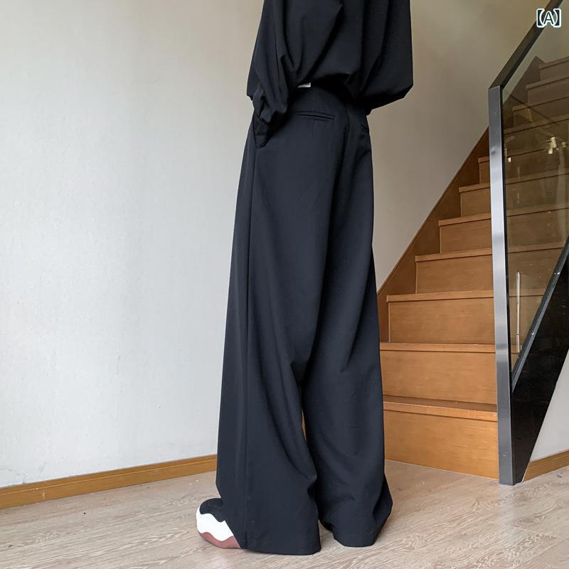メンズ スーツパンツ 黒 春夏 ワイドレッグ 直筒 ミッドライズ 薄手 化繊混紡 微弾力 免? 垂感 高級感 ゆったり ロングパンツ 休日 ビジネスカジュアル 青少年 男性用