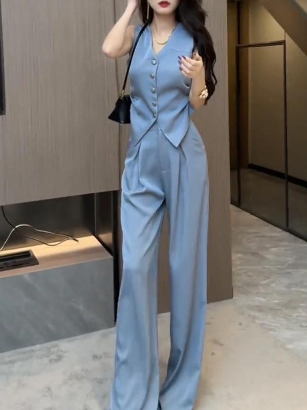レディース セットアップ 無袖 ウエストマーク プリーツ ワイドパンツ ロング丈 垂感 綿素材 ブルー 春夏 シンプル 気質 ファッション 塩系 スポーツ 休? スタイル 減? 小柄 対応 トレンド 欧風