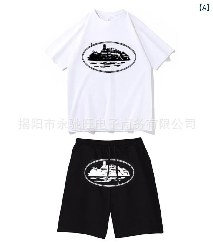 メンズ セットアップ 短袖 Tシャツ 短パン 綿素材 ヒップホップ ストリートスタイル 夏用 白色 黒 グレー ピンク 天藍 薄手 ゆったり 直筒 プリント柄 休? 18-24歳向け