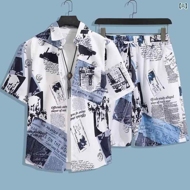 メンズ 夏服 セットアップ 印花 デザイン 短袖 シャツ ポロシャツ 風 トップス 直筒 中パンツ 軽熟 スタイル 薄手 涼しい 化繊 混紡 ポリエステル 素材 白色 黒 紺 色 黄色 紫 緑 杏 色 ゆったり シルエット 爽やか プリント 柄 日常 着 4,262円
