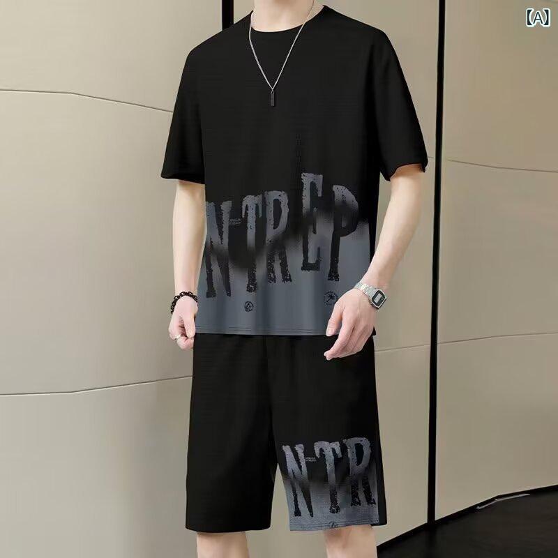 メンズ セットアップ Tシャツ 短パン 接触冷感 薄手 ポリエステル 短袖 ブラック グレー 白 夏 日常 運動 青春 18-24歳向け 軽量 吸湿速乾 ファッション カジュアル