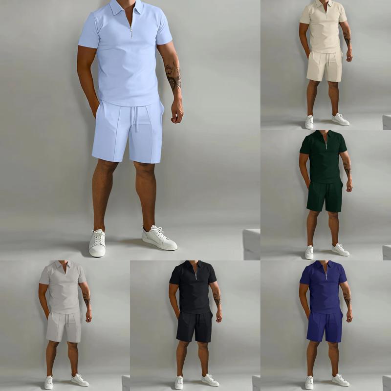 メンズ ポロシャツ セット 夏用 短袖 Tシャツ 半ズボン 運動 スタイル 薄手 化繊混紡 ポリエステル100% 灰 緑 黒 ブルー カラーバリエーション ゆったり フィット 日常 レジャー アウトドア アクティブ ウェア