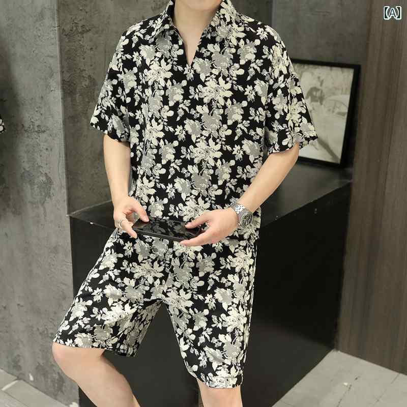 メンズ セットアップ 短袖 Tシャツ 短パン 夏用 接触冷感 ポリエステル 花柄 デイジー柄 ブロック柄 運動 スポーツウェア 涼しい 軽量 吸湿速乾 カジュアル 休日 屋外 アクティブ 爽やか 快適 スタイル コーディネート