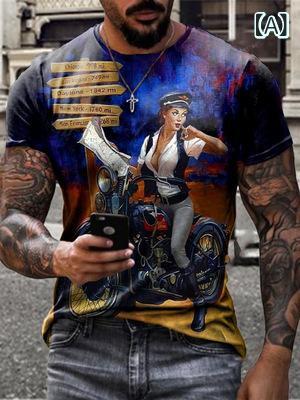 メンズ Tシャツ 短袖 レーシング プリント モーターサイクル テーマ 直筒型 薄手 透気性 ネット目地 ポリエステル 春夏 秋 カジュアル 青少年 丸首 フード付き グラフィック柄 磨毛加工 ブラック グレー ブルー 赤 緑 イエロー ホワイト 柄多色