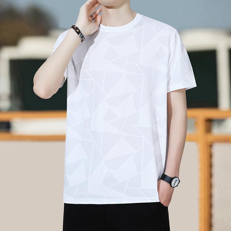 メンズ Tシャツ 速乾 短袖 修身 薄手 丸首 メッシュ 透気性 接触冷感 3D柄 提花 運動 夏 天藍 紺 白 黒 灰 ピンク